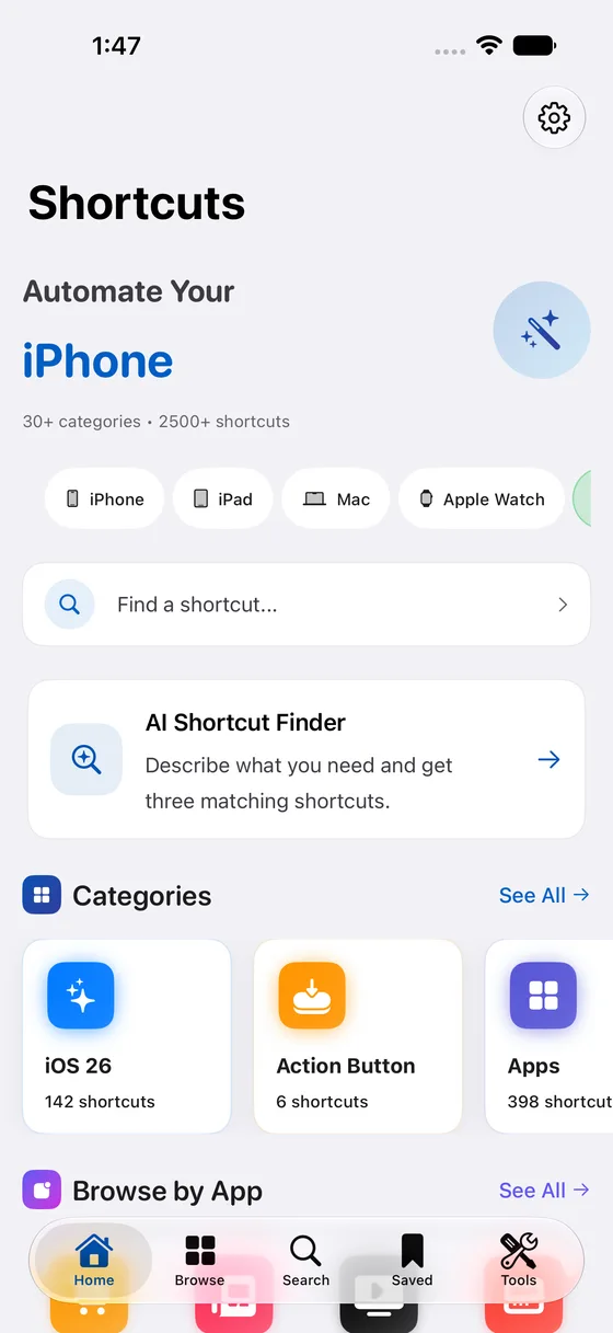 Shortcuts Library iPhone screen with AI Shortcut Finder, categories, and apps